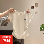 純棉螺紋短袖t恤女設(shè)計(jì)感褶皺夏季新款修身收腰顯瘦正肩上衣女885 白色0245蝴蝶結(jié)印花 L 建議100-110斤