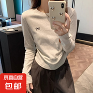 早秋灰色正肩打底衫女內(nèi)搭長(zhǎng)袖t恤新款春秋季圓領(lǐng)修身收腰上衣YRL K706#白灰色（蝴蝶結(jié)） M 【95斤內(nèi)】