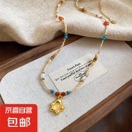 不銹鋼水晶珍珠串珠星星吊墜項鏈民族風(fēng)鎖骨鏈個(gè)性小眾設計感項飾 項鏈-金色-咖色-星星