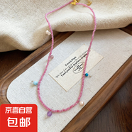 不銹鋼水晶珍珠串珠星星吊墜項鏈民族風(fēng)鎖骨鏈個(gè)性小眾設計感項飾 項鏈-粉色