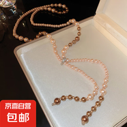 不銹鋼水晶珍珠串珠星星吊墜項鏈民族風(fēng)鎖骨鏈個(gè)性小眾設計感項飾 香檳色鑲鉆珍珠項鏈（6~10mm）