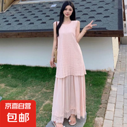 大碼法式假兩件蕾絲連衣裙女夏季梨形身材背心裙胖MM遮肚顯瘦裙子 粉色 S 【建議90-100斤】
