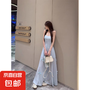 法式藍色吊帶連衣裙女夏季蝴蝶結(jié)溫柔風中長裙子修身收腰顯瘦短裙 淺藍色 S 【建議90-100斤】