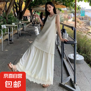 大碼法式假兩件蕾絲連衣裙女夏季梨形身材背心裙胖MM遮肚顯瘦裙子 米杏色 M 【建議100-110斤】