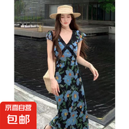 夏季法式度假風(fēng)V領(lǐng)荷葉袖拼接高腰百搭長(zhǎng)裙印花碎花連衣裙女 藍(lán)色連衣裙 S 【建議90-100斤】