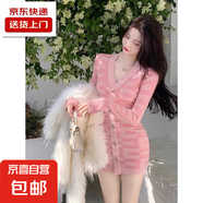 甜美風(fēng)楚楚動(dòng)人氣質(zhì)V領(lǐng)單排扣連衣裙女小個(gè)子純欲修身顯瘦包臀裙 粉紅色 均碼