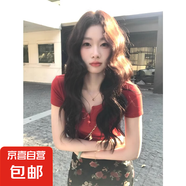 新中式國風(fēng)純欲氣質(zhì)針織衫女夏收腰短袖上衣 106紅色 XL
