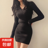 韓國(guó)chic秋冬復(fù)古小個(gè)子V領(lǐng)修身打底針織連衣裙女內(nèi)搭毛衣包臀裙 247黑色 L