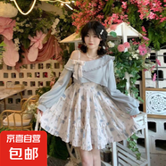 薔薇碎花吊帶裙清新斜肩套裝日系毛衣甜美新款兩件顯瘦蓬蓬連衣裙 披肩+裙子(套裝) S