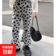 女寶寶時(shí)尚卡通喇叭褲2024夏季冰絲薄款女童洋氣百搭休閑褲子 灰色星星 130