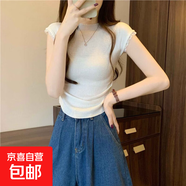 夏季粉色甜美小飛袖上衣女修身短款甜辣別致蕾絲拼接短袖T恤BYNT 白色 S