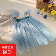 唯美立體花朵網(wǎng)紗女童連衣裙2025夏款飛袖女寶寶蓬蓬裙公主裙子 PY-2571花朵網(wǎng)紗裙-藍(lán)色 90 建議身高80-90cm