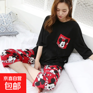 潮流款睡衣女夏季圓領(lǐng)短袖短褲卡通休閑學(xué)生甜美外穿兩件套家居服 S五分套七分褲米奇黑色 XL
