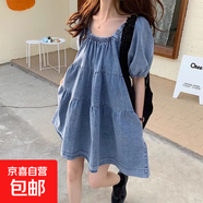 減齡氣質(zhì)泡泡袖牛仔連衣裙女夏季薄款大碼胖mm收腹顯瘦方領(lǐng)短裙子 藍色泡泡袖牛仔連衣短裙單件 S