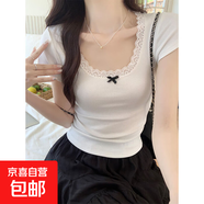 蕾絲蝴蝶結(jié)彈力螺紋辣妹短袖T恤女顯瘦短袖短款露臍上衣SJ#A25 白色 XL 建議110-125斤