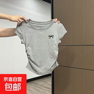 純棉螺紋短袖t恤女設計感褶皺夏季新款修身收腰顯瘦正肩上衣女885 花灰色0245蝴蝶結印花 M 建議90-100斤