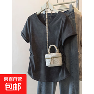 夏季新款扎染獨特設計短袖t恤女大碼寬松胖mm顯瘦遮肚V領(lǐng)百搭上衣 K24-深灰色 3XL 建議體重150-170斤
