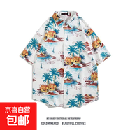 2025新款夏威夷風碎花滿印短袖花襯衫男夏季寬松休閑沙灘襯衣外套 2156白色 2XL