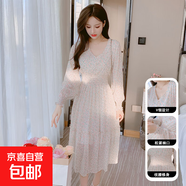 小清新V領(lǐng)收腰碎花裙女春夏季中長(cháng)款百搭顯瘦長(cháng)袖雪紡連衣裙J853 淺粉小花 M （95-110斤）