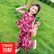 女童夏裝套裝2025新款洋氣兒童衣服無(wú)袖碎花木耳邊小女孩兩件套裝 紫紅色 薄款 140 cm