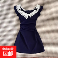 2025新款小個(gè)子法式小飛袖連衣裙子女夏季辣妹純欲風(fēng)蕾絲收腰短裙 藏青色 XL 60/65kg/