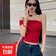 美式熱辣短款紅色短袖t恤女夏季新款修身顯瘦露肩別致高級感上衣 9紅色 M