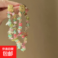 銀針鑲鉆水晶珍珠耳環(huán)歐美復古輕奢長款耳墜清新甜美高級感耳飾女 38#銀針-彩色不規(guī)則方形