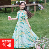 女童裙子夏裝2025新款洋氣雪紡兒童公主裙夏季時髦短袖長款連衣裙 H101綠色 120