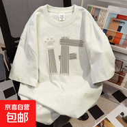 美式純棉重磅印花短袖T恤女2025夏季新款百搭通勤半袖寬松上衣服 白灰色【220g精梳純棉】 M