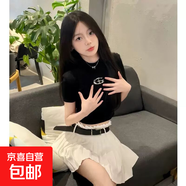 美式復(fù)古辣妹緊身棉質(zhì)短袖t恤女新款夏季小個(gè)子正肩顯瘦短款上衣 黑色 S 【建議80-90斤】