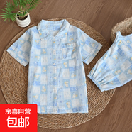夏季紗布短袖長褲短褲睡衣套裝女透氣純棉翻領寬松卡通薄款家居服 藍格子兔短袖長褲 L 110-130