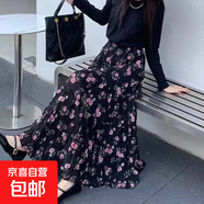 女裝半身裙夏季2025新款復古港風(fēng)碎花高腰顯瘦百褶長(cháng)裙子黑色S-L 黑色 M