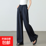 高個(gè)子加長(cháng)闊腿褲女休閑夏季新款高腰垂感慵懶風(fēng)山本褲冰絲直筒褲 藏青色-常規 XL