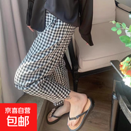 棉綢睡褲女夏季薄款人造棉防蚊褲闊腿褲綿綢2025年新款沙灘褲子 黑白格子 M （建議80-110斤）