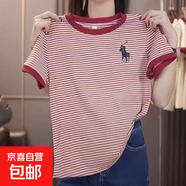 2025新款大碼顯瘦條紋夏季百搭短袖休閑運動(dòng)女士圓領(lǐng)T恤打底衫潮 紅色 L 【建議100-110斤】