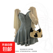 減齡氣質(zhì)蛋糕裙設(shè)計感牛仔連衣裙女夏季薄款大碼收腰顯瘦背帶短裙 藍(lán)色綁帶牛仔連衣短裙單件 5XL