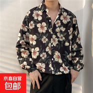 港風(fēng)vintage花襯衫男女復(fù)古夏威夷痞帥寬松情侶長袖襯衣潮牌外套 銀色 2330黑色 L