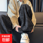 燈芯絨褲子男ins潮流秋冬季闊腿休閑美式青少年直筒扎染休閑長(zhǎng)褲 黑色（常規(guī)款） XL 建議115-130斤