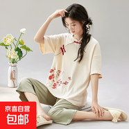 國(guó)風(fēng)新中式新款棉質(zhì)套裝夏季女士短袖七分褲休閑家居服薄款可外穿 MJ88403 M 女