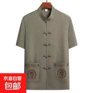 春夏季中老年唐裝男短袖爸爸冰絲套裝爺爺夏裝中國(guó)風(fēng)老年人衣服薄 BD3066/216軍綠色 【上衣】 XL /41【130-145斤】