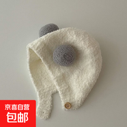 嬰兒帽子秋冬款新生嬰幼兒護耳帽純棉可愛(ài)保暖男女寶寶針織毛絨帽 大球毛絨帽-奶白色 5-12個(gè)月（頭圍42-46cm)