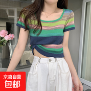 彩虹條紋方領(lǐng)短袖t恤女正肩夏季2025新款冰絲針織短款上衣超好看 綠色 XL