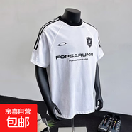 夏季美式t恤短袖男hiphop街頭潮牌條紋拼接上衣三條杠半袖體恤衫 白色 XL