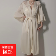 緞面掛脖系帶深V聚攏加胸墊蕾絲長(cháng)款吊帶睡裙外袍家居套裝 淺黃色（外袍） XL 125-140
