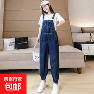 減齡氣質(zhì)美式復(fù)古牛仔背帶褲女秋冬大碼百搭寬松連體褲子 藍(lán)色刺繡牛仔背帶褲單件 L碼（建議105-115斤）