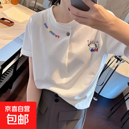 純棉休閑短袖T恤女2025夏季新款氣質(zhì)百搭寬松顯瘦紐扣大碼上衣女 K45-白色-F29 XL 建議115-130斤