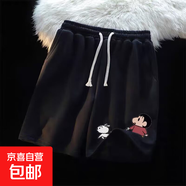 蠟筆小新潮牌短褲印花男女款運動休閑寬松闊腳五分褲抽繩中褲子男 汐-F801黑色 （高品質(zhì)跑量款） L （建議100-125斤以內(nèi)）