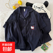 柏姬然高級感短袖三件套開(kāi)衫睡衣女夏季2025新款外穿夏天長(cháng)褲家居 9914#深藍格KT M