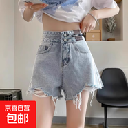 遮胯高腰牛仔短褲女夏季薄款寬松顯瘦a字型梨形身材卷邊闊腿熱褲 5166淺藍(lán)色 L