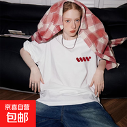 【重磅純棉】短袖t恤時(shí)尚印花白上衣情侶裝男女同款寬松潮流半袖 白色紅斜杠 M 【95-110斤】